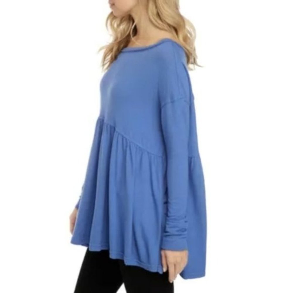 Free People Blue Long Sleeve Peplum Tunic Top